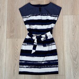 Marc New York Business Casual Belted Sheath Dress, Navy, Black + White Stripes